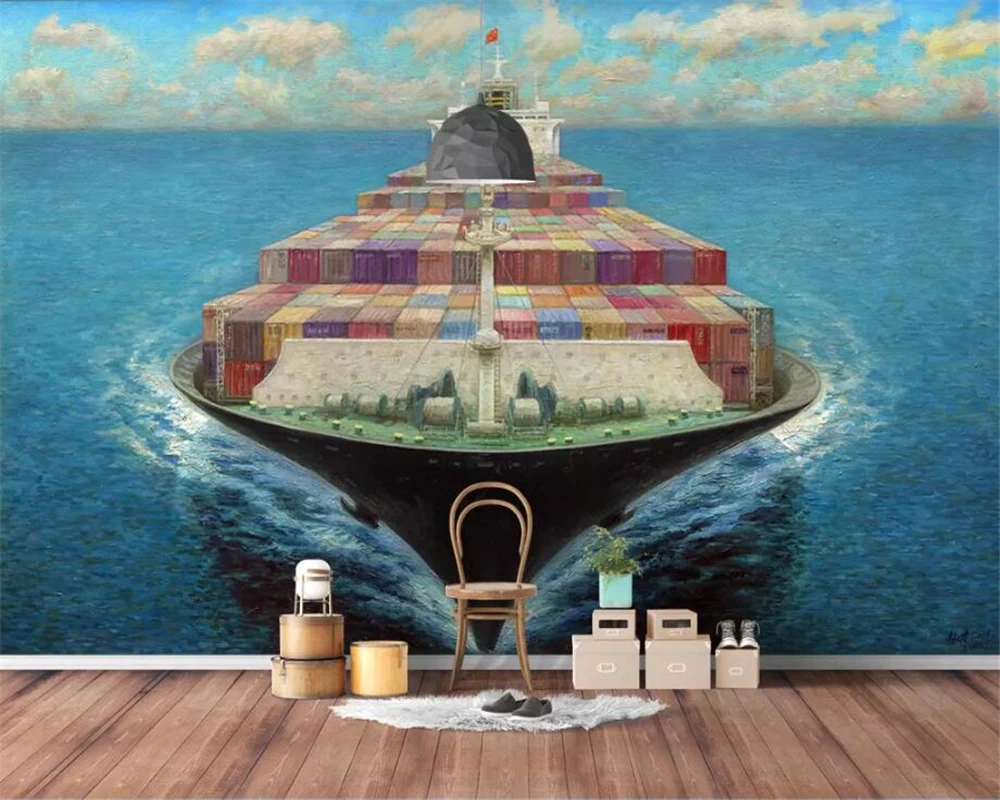 3d фотообои на заказ очень ручная роспись по морю лодке ландшафту декоративный
