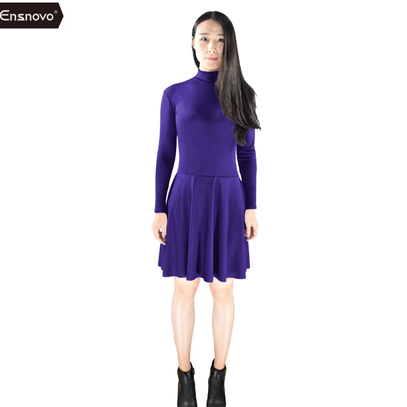 Dark Purple Ensnovo, женские платья для катания на коньках из лайкры и спандекса с длинным рукавом и черепаховым вырезом, черные танцевальные купальники с молнией сзади - Цвет: Dark Purple