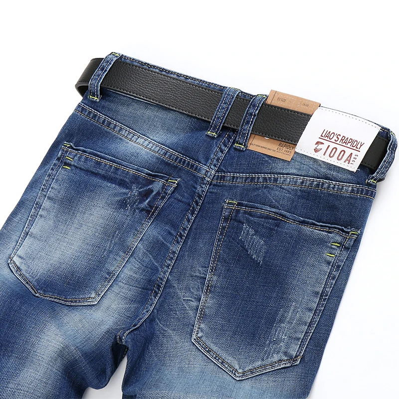 Мужские джинсовые шорты синие узкие из тонкой эластичной джинсовой ткани лето