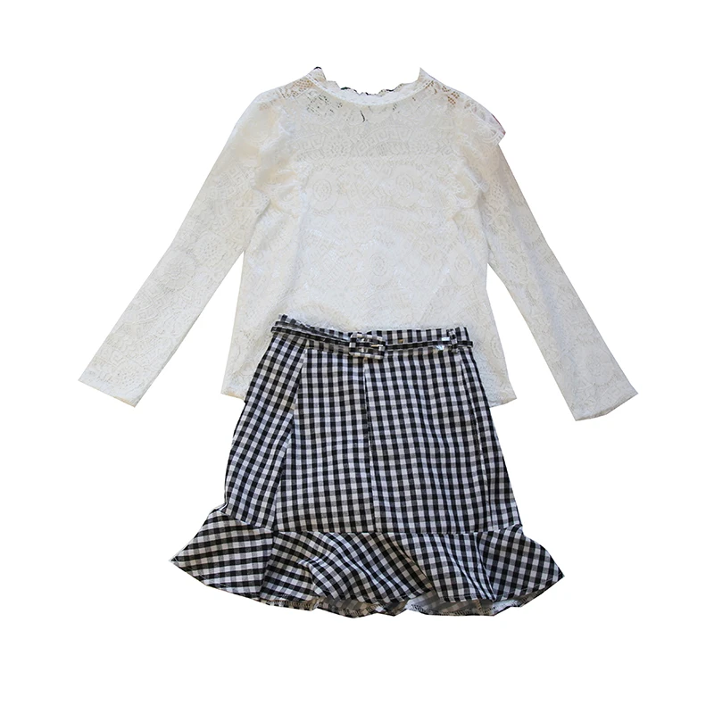 

fishtail plaid skirts & lace white blouse top women two-piece clothing set vogue lady outfit elegant girl vestidos design SALE