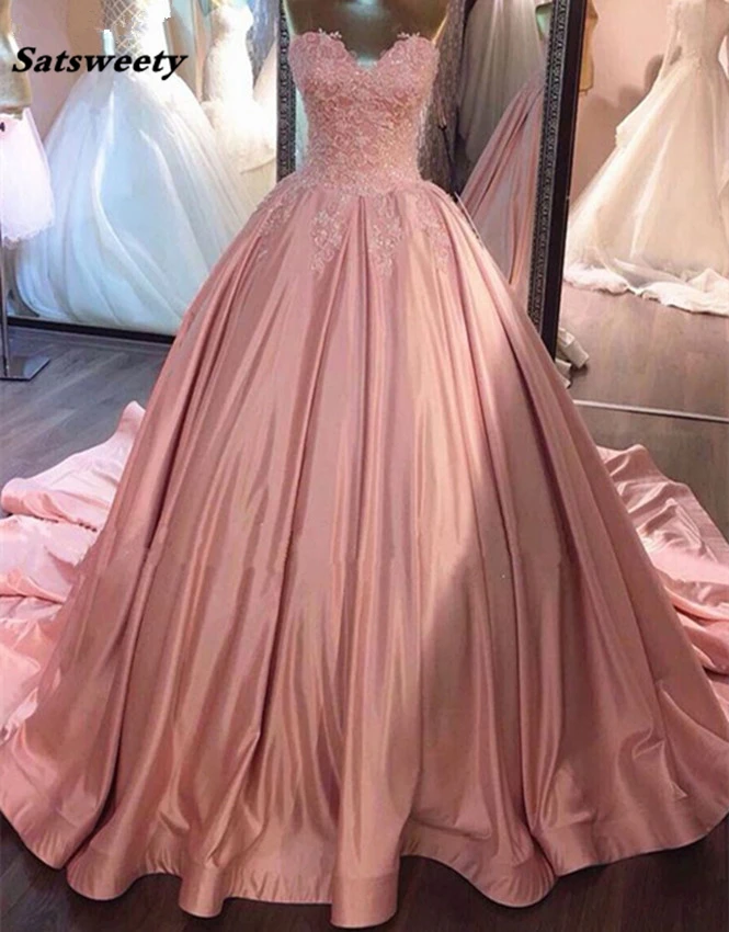 

Ball Gown V-neck Pink Prom Dress 2021 Sleeveless Appliques Lace Beading Floor Length Bridesmaid Dresses Galajurk