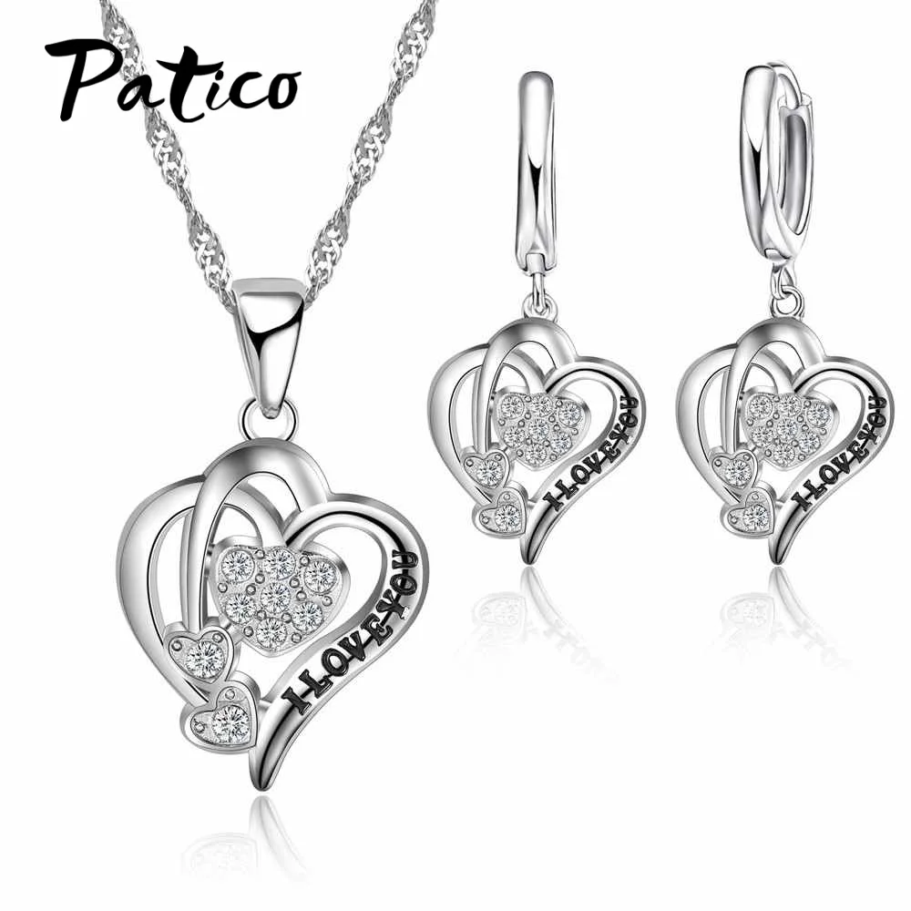 I Love You Heart Necklace Earrings Jewelry Sets for Women Gifts 925 Sterling Silver Cubic Zircon Wedding Engagement Bijou | Украшения и