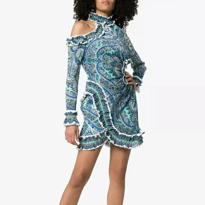 2019 New Sexy Fashion Women Hollow Out Waist Long Sleeve Ruffled Stitching Irregular Print O Neck Straight Omighty Midi Dress | Женская