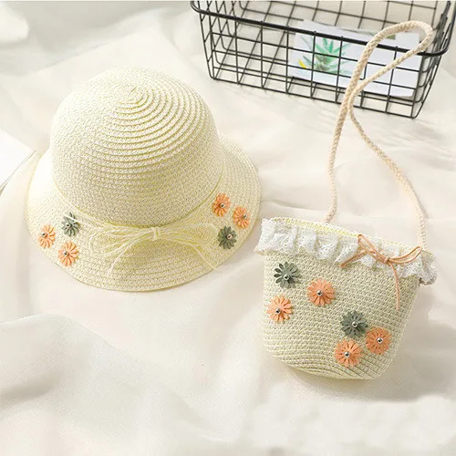 sun beige Соломенная красивая шляпа с цветочным рисунком для маленьких девочек, летняя шляпа для девочек, пляжная шляпа с козырьком, соломенная сумка, комплекты из двух предметов - Цвет: sun beige