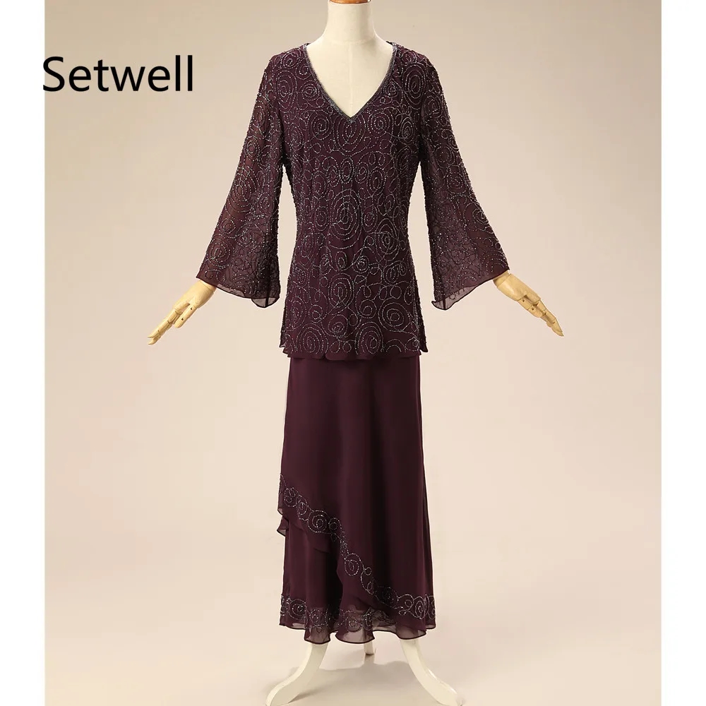 

Setwell Vintage Two Piece Mother Of The Bride Dresses V-Neck Long Sleeve Luxury Beading Summer Chiffon Mother Of The Bride