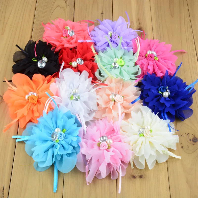 

30 pcs/lot ,10 cm shabby chiffon flower with rhinestone pearl rose cectre for headband hair fashion accessories