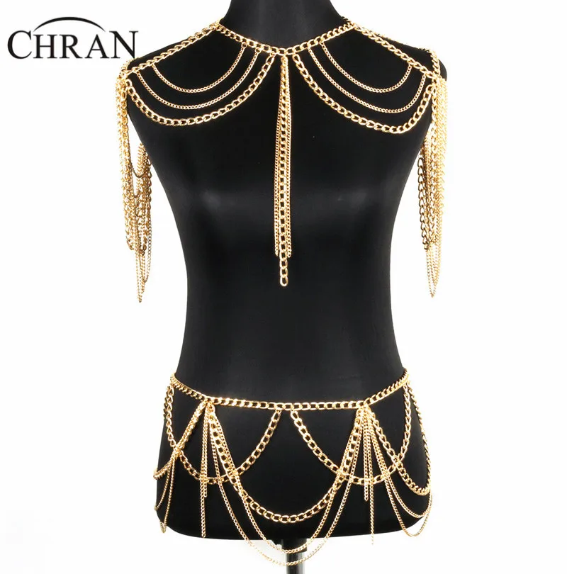 

Chran Gold Silver Beach Chain Bikini Shoulder Bralette Necklaces Sexy Lingerie Set Belly Waist Chain Party Harness Belts Jewelry