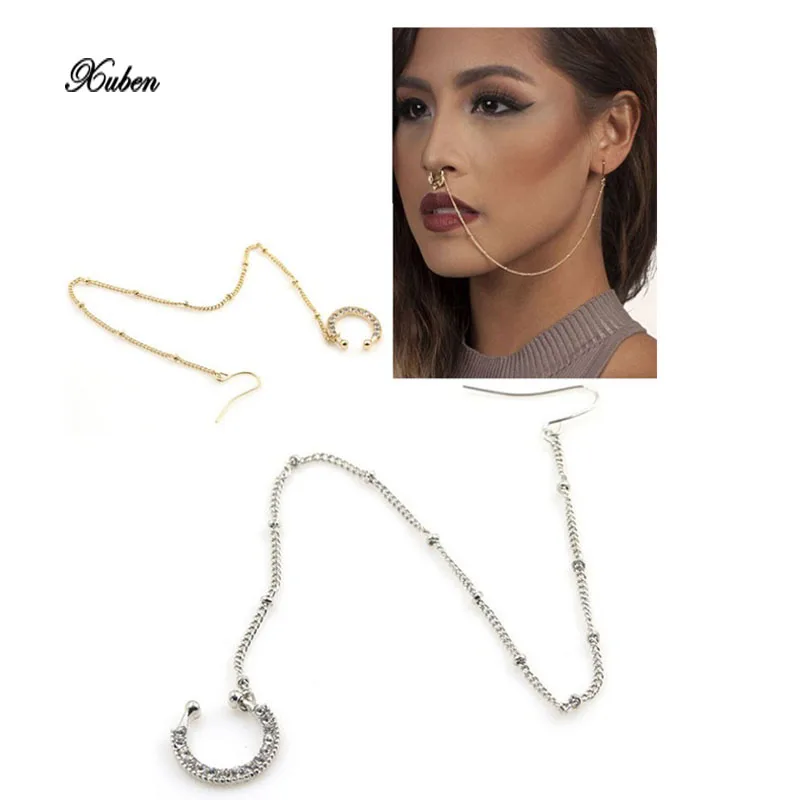 

2017 New Arrival Crown Pierced Rhinstone Nose Hoop Nose Rings Fake Septum Clicker Body Piercing Jewelry Hanger Clip On Set Chain