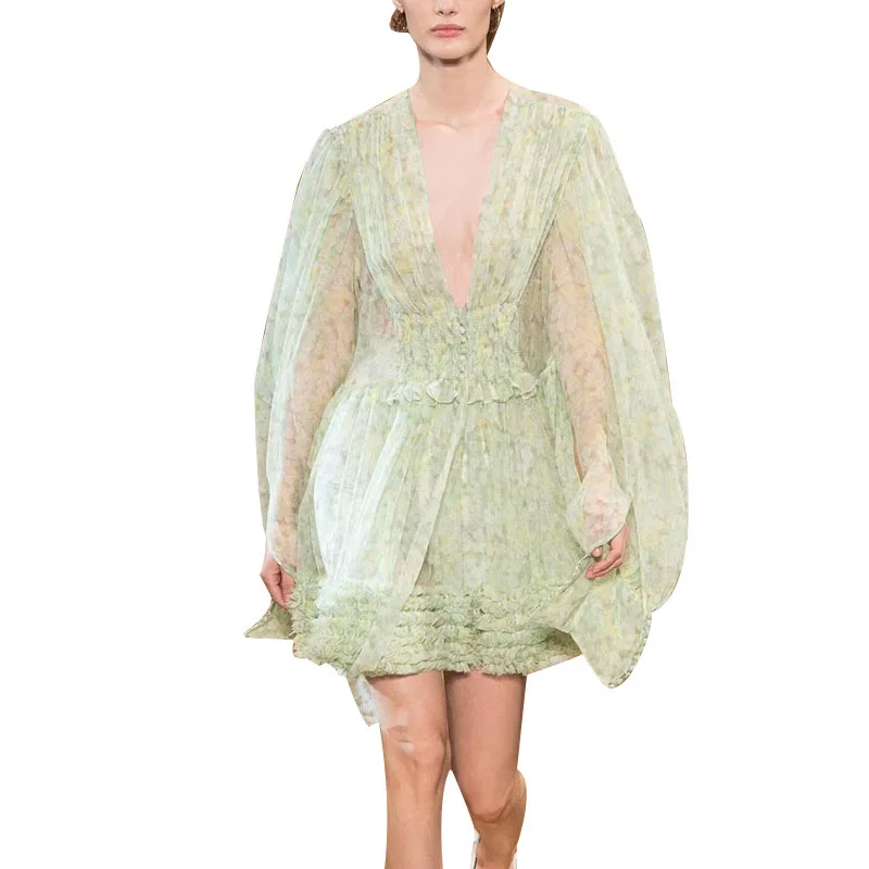 Женское платье с глубоким v-образным вырезом Фонари платья длинным рукавом