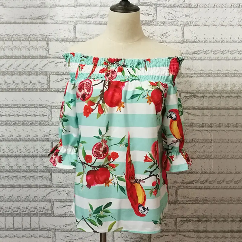 Boho летняя блузка рубашка без бретелек с открытыми плечами Ruched Slash Neck 3/4 рукав