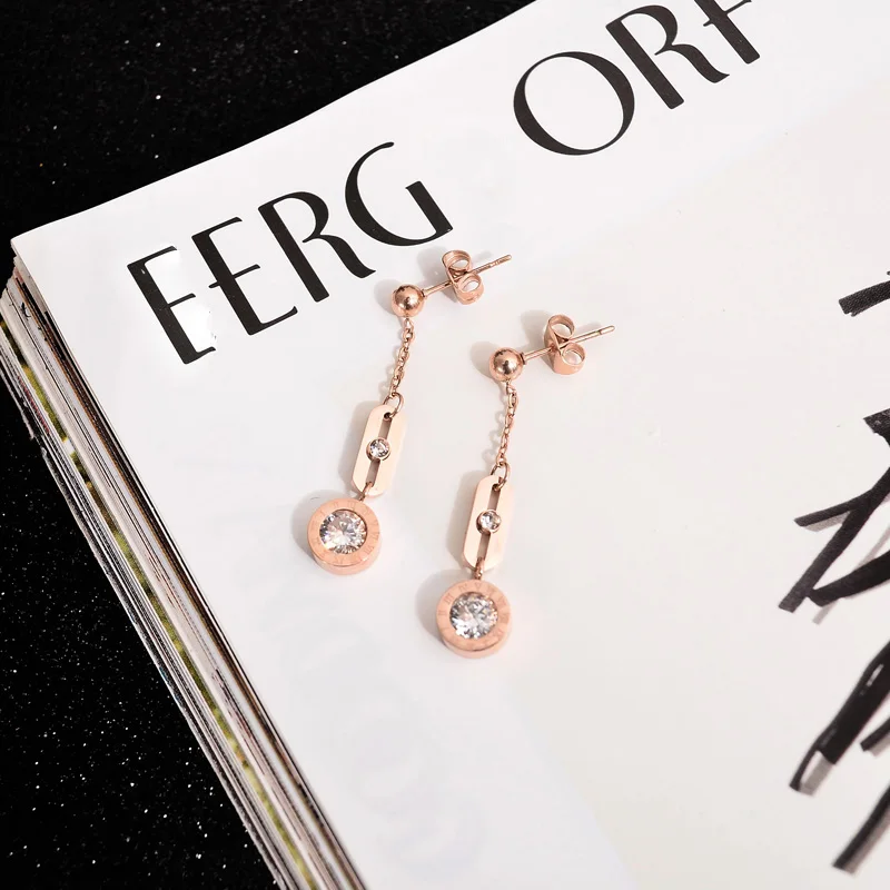 

YUNRUO Fashion Brand Rose Gold Color Roman Numerals Zircon Tassel Drop Earring for Woman 316L Stainless Steel Jewelry Never Fade