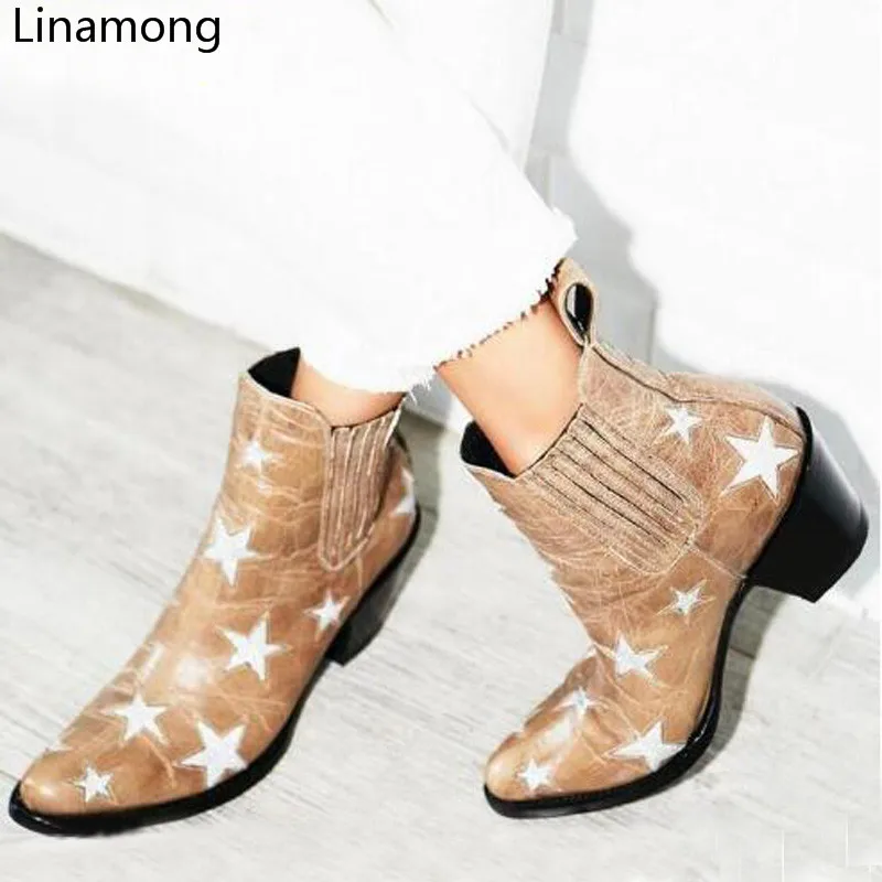 

Fashion Western Women Mixed Color Stars Patchwork Women Ankle Boots Cowboy Style Laides Point Toe Boots Slip On Female Boots