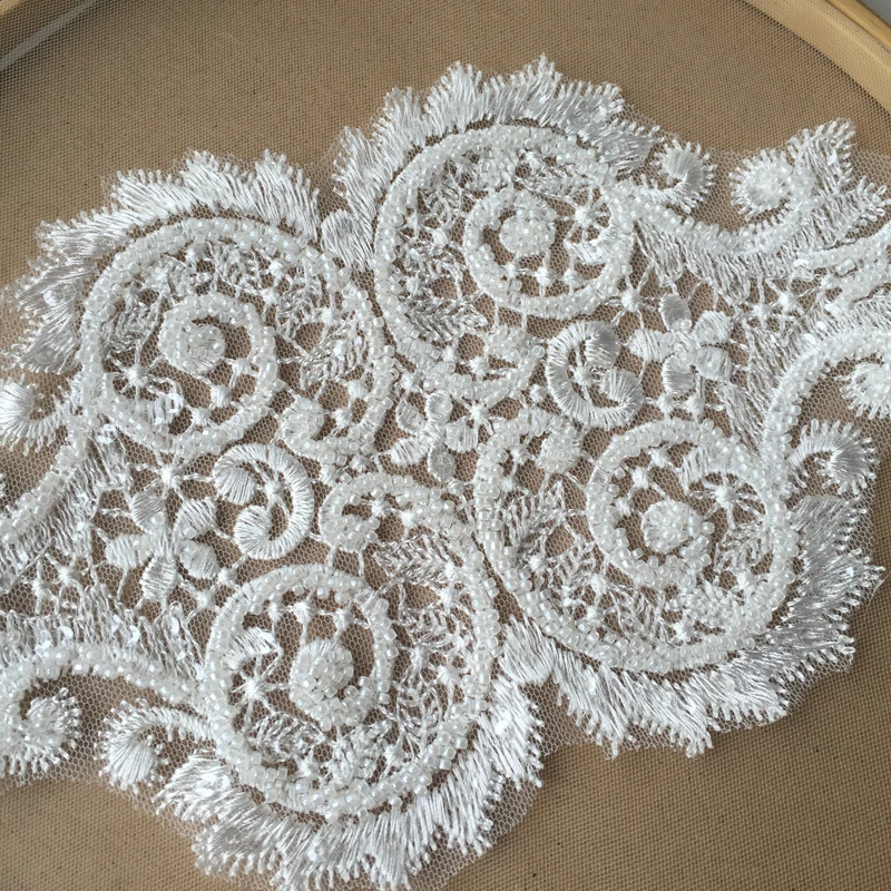 2PCS Handmade Beads 3D Wedding Dress Applique DIY Bridal Headdress Ivory White Lace Collar Fabric Patch RS1296 | Дом и сад