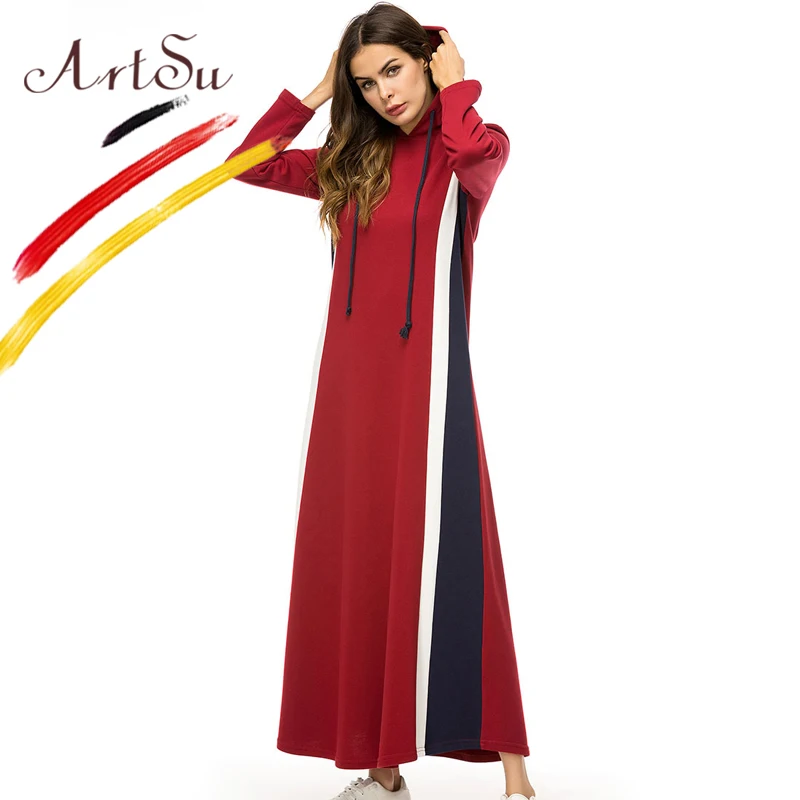 

ArtSu Fashion Color Block Striped A-Line Winter Dress Women Long Sleeve Casual Cotton Hooded Hoodie Maxi Dress Plus Size Vestido