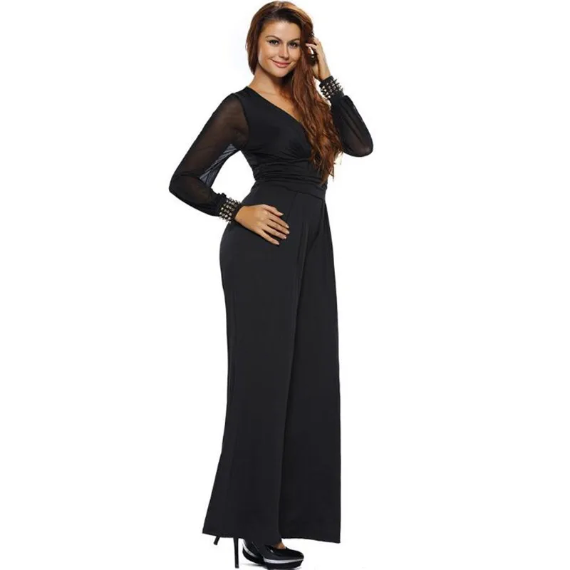 Женский комбинезон с глубоким треугольным вырезом длинным рукавом|black romper women