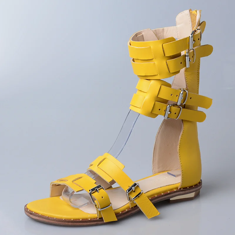 yellow Prova Perfetto с открытым носком на ремешке с пряжкой; длинные сандалии на плоской подошве; модные сандалии-гладиаторы в стиле ретро; женские сандалии из натуральной коровьей кожи - Цвет: yellow