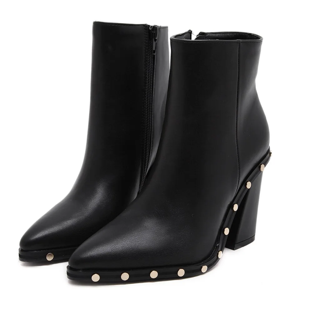 

Black Rivet Women Ankle Boots Heel 10cm Spring Sexy Motorcycle Hot Classic Solid Square Pointed Toe Zip Size 35 39 40 New Brand