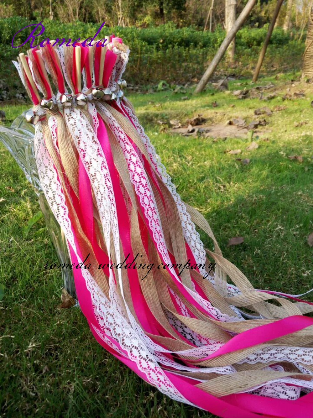 The Newest Burlap jute fushia ribbon wands stick with Lace and Bells for wedding party images - 6