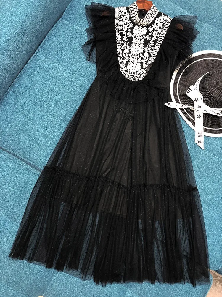 Роскошное Брендовое дизайнерское платье для женщин, летнее кружевное платье с контрастной вышивкой и воротником-стойкой черного и белого цветов