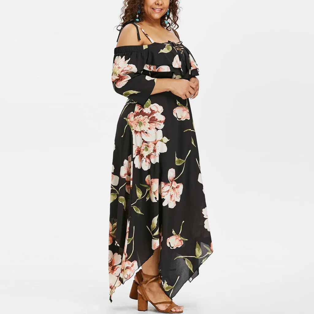 2019 Женское Платье макси с открытыми плечами Boho Цветочный принт летнее платье