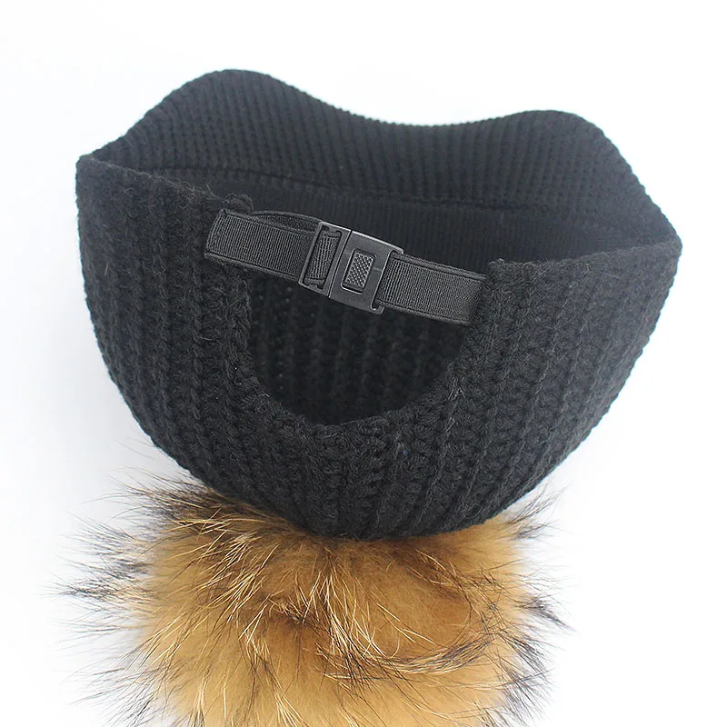 Autumn Winter Baseball Caps For Women Girl Real Raccoon Fur Pom Poms Knitted Hat Casual Solid Color Bone Feminino Bone Snapback