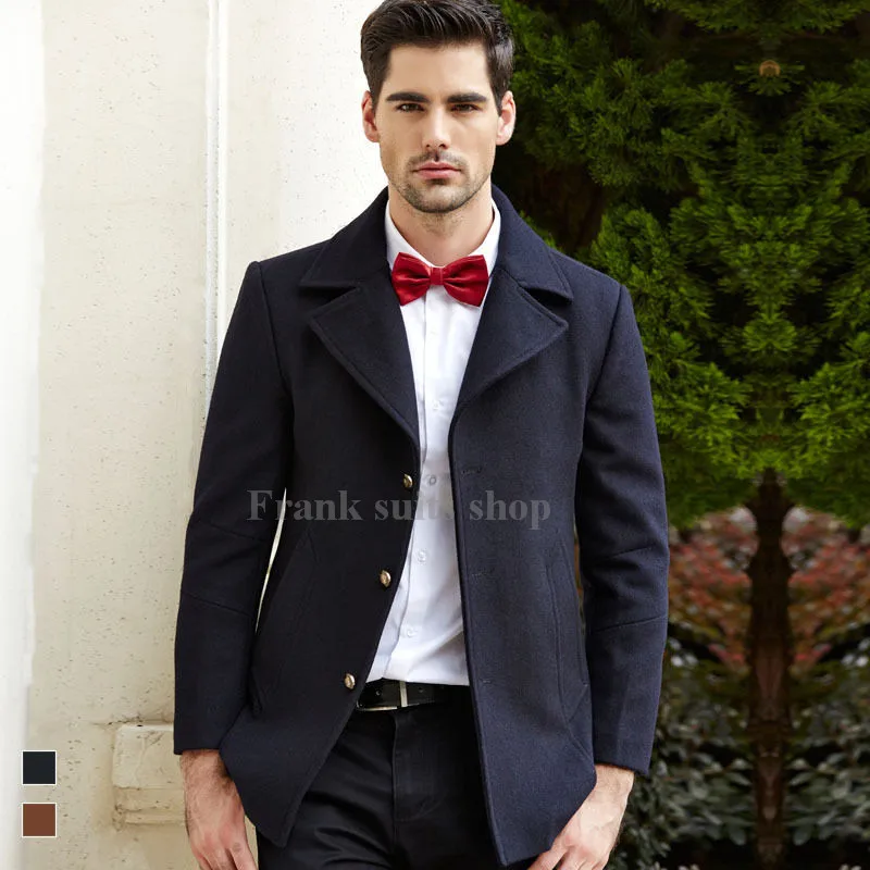 

2017 Custom-made Men's Slim New Mens Wool Coat Slim Fit Lapel Jacket Outerwear Navy Business Coats