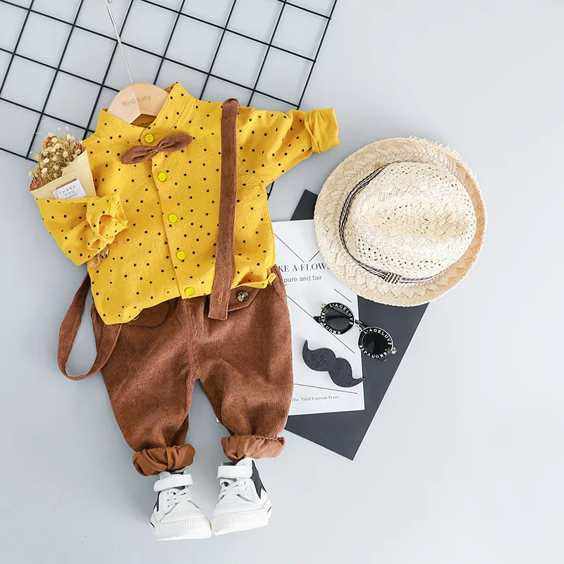 Autumn New Cotton Shirt Backband Boy Suite Baby Long Sleeved Collar Two-piece Set |