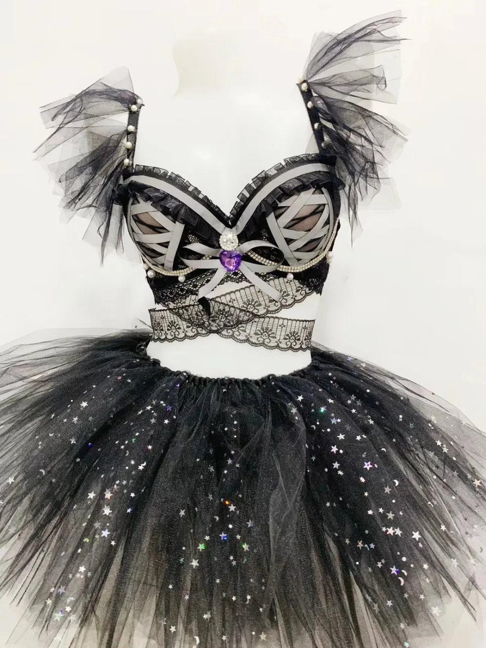 Флуоресцентный сценический костюм с черными кристаллами бикини сетчатая мини