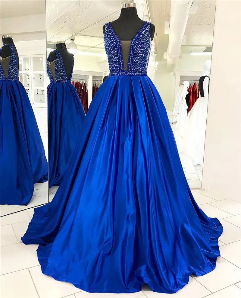 

Royal Blue Prom Dresses 2019 African Girls Backless Satin Long Sweep Train Plus Size Evening Gowns Free Shipping robe de soiree