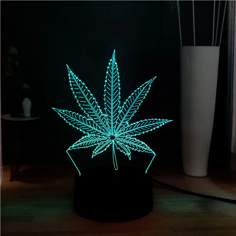 Новинка, акриловое растение, травка, лист конопли, 3D иллюзия, светодиодный Декор, для спальни, RGB, USB, база, Настольный светильник, ночник, милое настроение, подарок на праздник, для друзей
