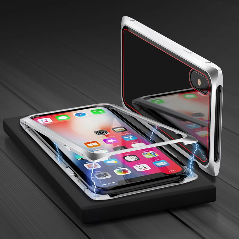 Suntaiho Magnetic Adsorption Phone Case for iPhone X case for iPhone 7 8 Standing Square Magnetic Tempered Glass back Phone case