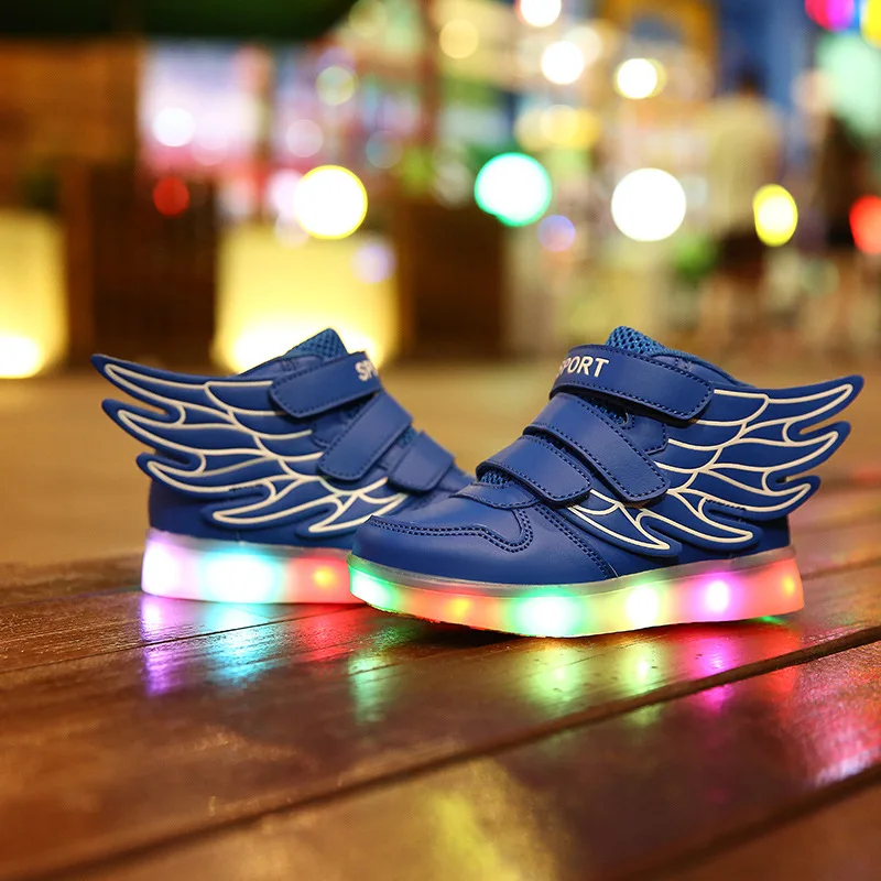 2016 luminous LED light children sneakers boys girls shoes pu leather high top fashion wings kids casual sport | Детская одежда и