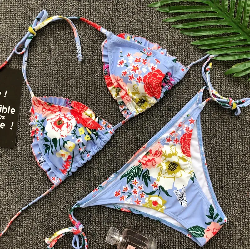 

Swimwear Women Swimsuit Bathing Suit Leaves Print Bikini Set Thong Bottom Vintage Female Beachwear