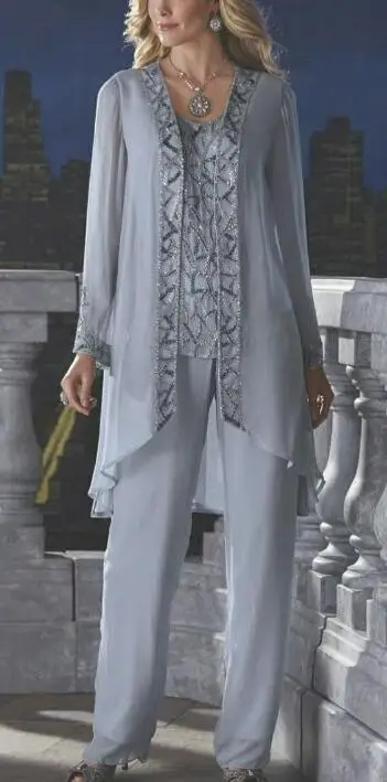 Костюм для матери невесты и жениха из 3 предметов серебристый шифоновый пляжный