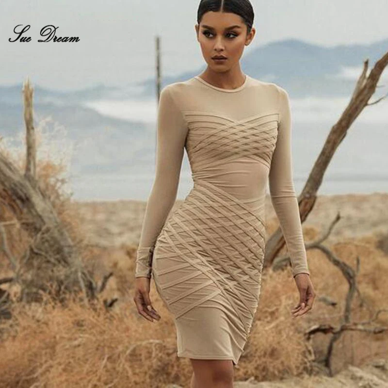 Новинка 2019 модное женское осеннее бежевое платье Сетчатое подиумное с длинным