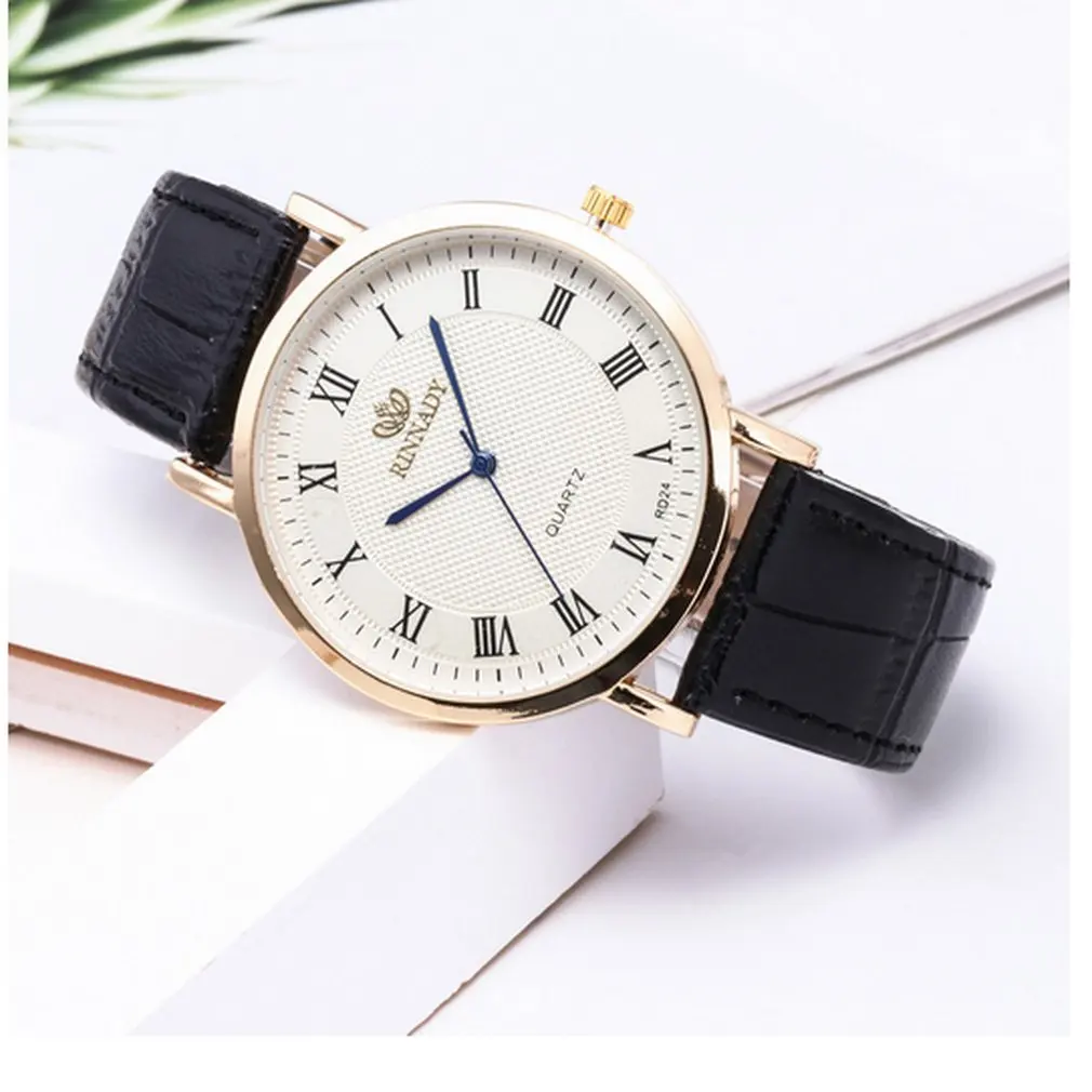 Stylish Fashion Men Watch PU Leather Strap Rome Scale Round Dial Quartz All-match Casual Wristwatch Male Bracelet | Наручные часы