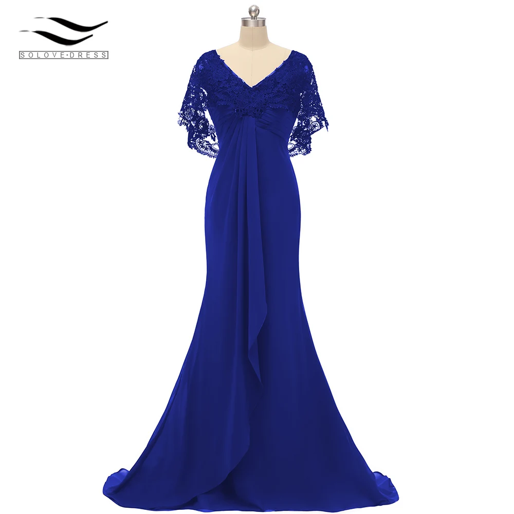 Royal Blue Женское кружевное шифоновое платье в пол с v-образным вырезом на спине, элегантное ТРАПЕЦИЕВИДНОЕ вечернее платье, vestido de festa SLD-S016 - Цвет: Royal Blue
