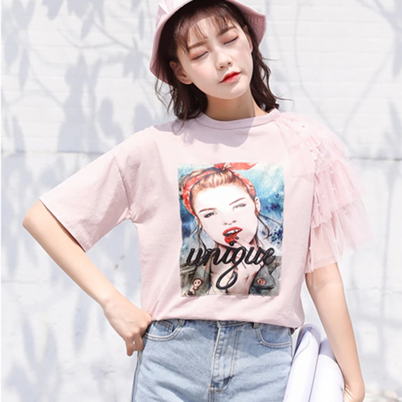 Camisetas Mujer Verano 2020 летние топы кружевная футболка Женская Корейская Футболка с