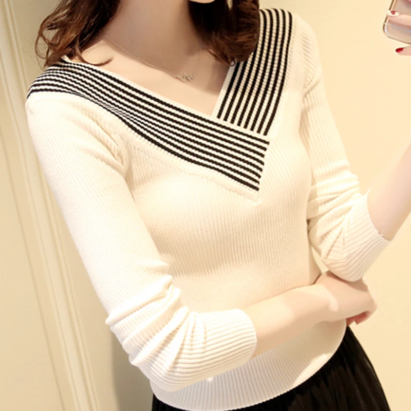 Женские свитера и пуловеры вязаные Полосатые с V-образным вырезом длинным