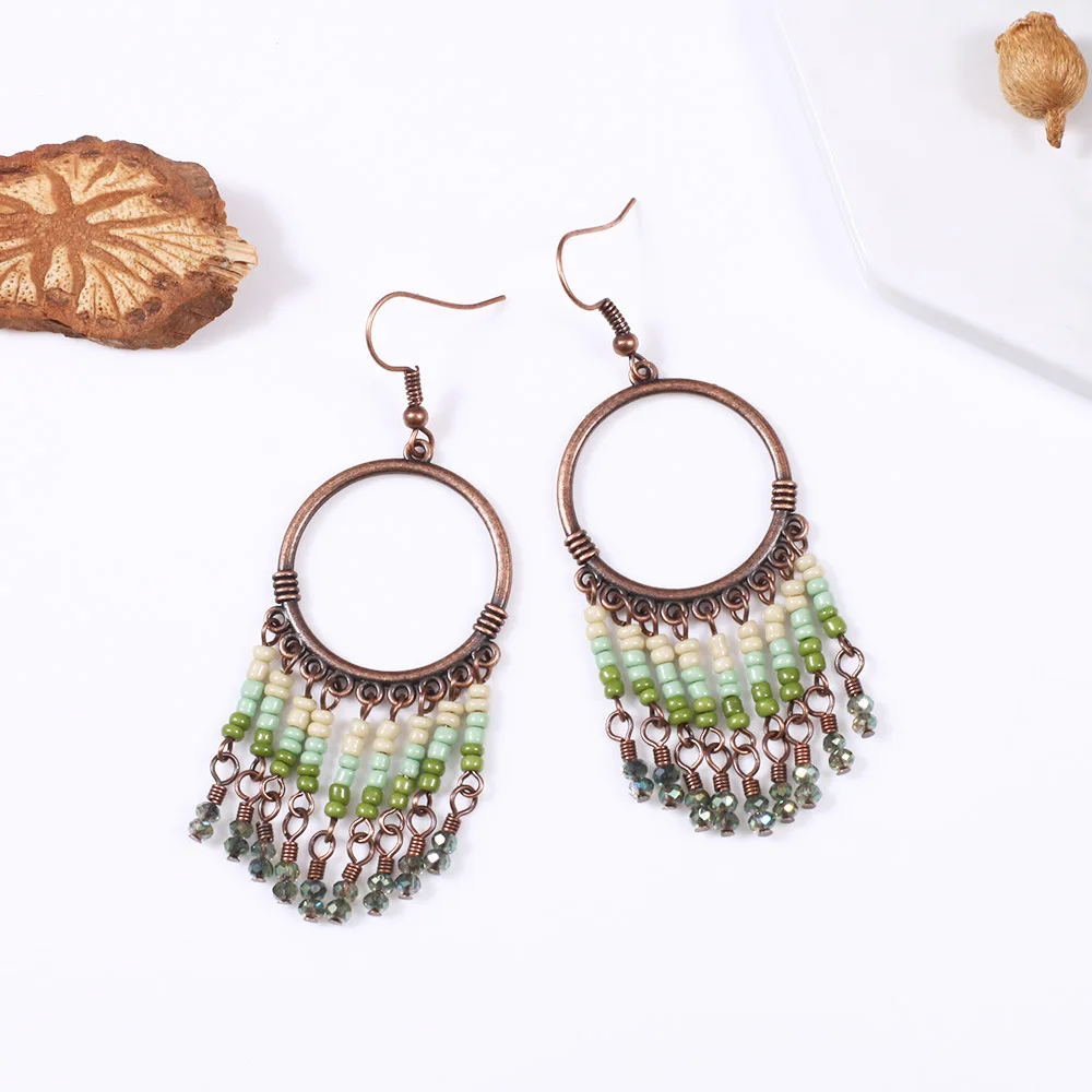 2019 Vintage Beads Earrings Women In Drop Green Simple Big Loop Tassel Fashion Jewelry For Girl Gift | Украшения и аксессуары