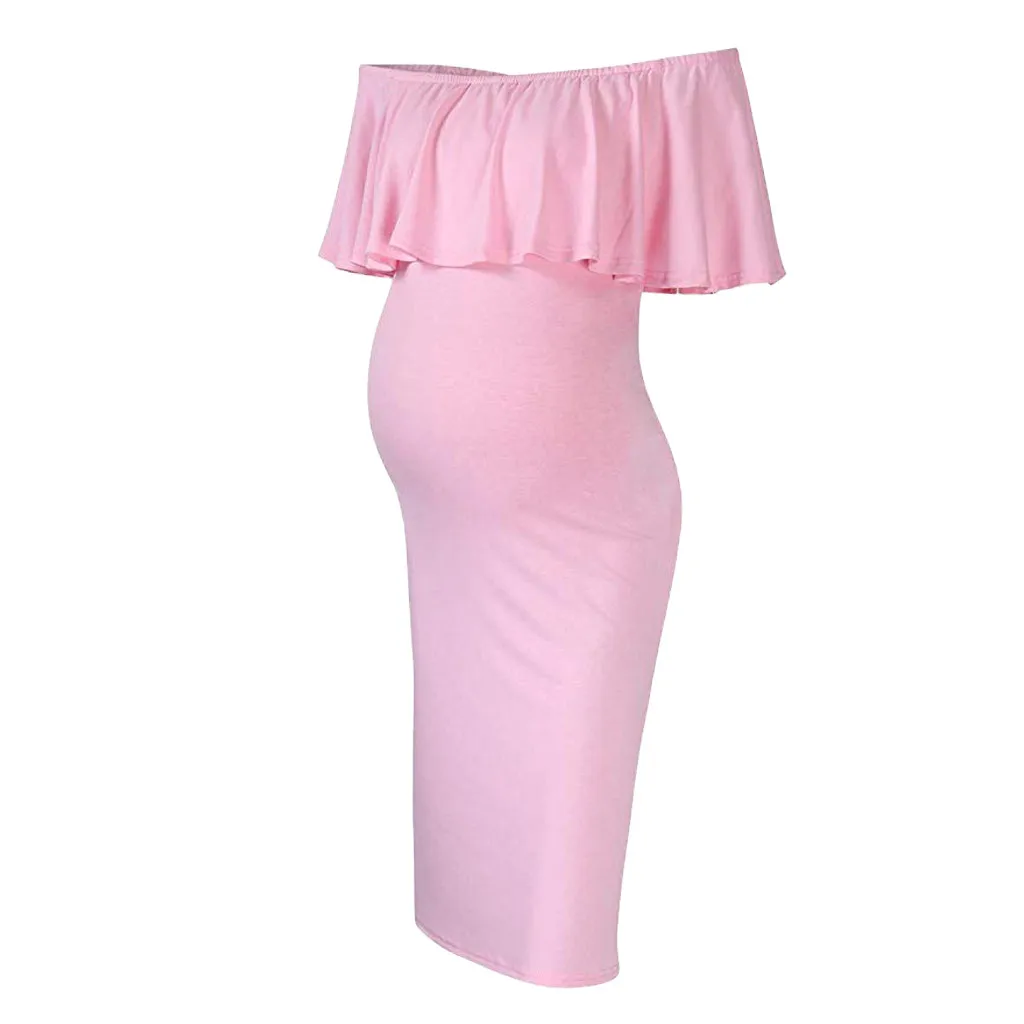 

2019 Cotton Women's Pregnancy Nursing Dress Fashion Womens Pregnant Off Shoulder Ruffles Solid Nursing Maternity Dress Clothes