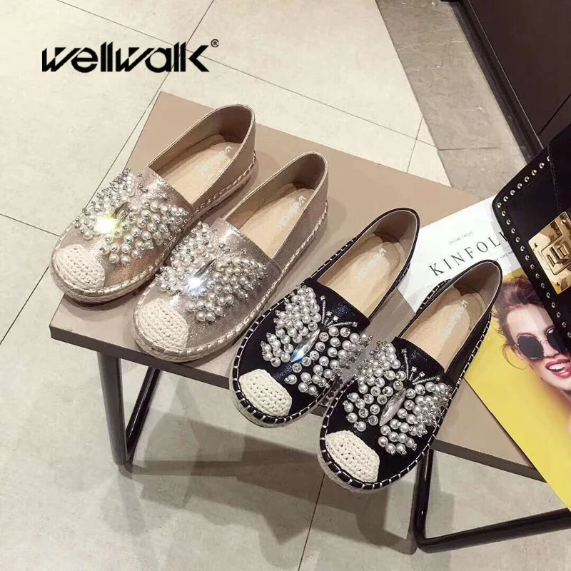 Wellwalk/эспадрильи женская обувь с бантом лоферы кристаллами и бабочками женские черные мокасины на плоской