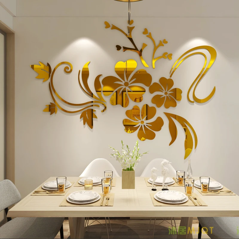 Hot sell DIY spring nature hibiscus flower mirror decorative wall sticker home decor 3d wall decoration room decals mural