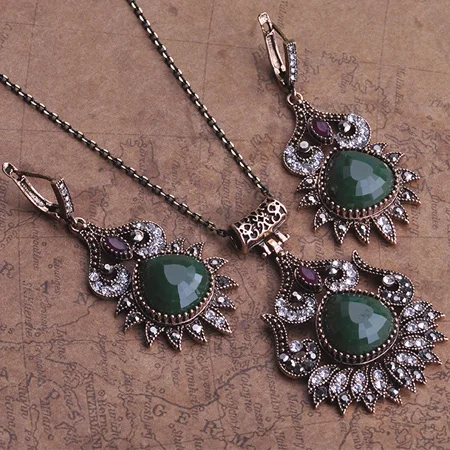 Blucome Retro Style Round Green Drop Necklace Earrings Jewelry Set Resin Female Acrylic Wild Party Wedding Decoration Best Gifts | Украшения