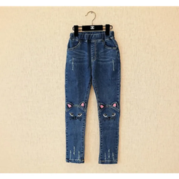 Spring and Autumn Girls' Jeans Korean Children's Wear Cartoon Cat Embroidery Pencil Pants Girls Feet Trousers | Детская одежда