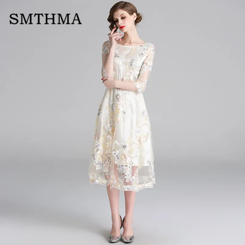 Photo Color SMTHMA Новое Осеннее Сетчатое платье с вышивкой, женское повседневное элегантное платье с круглым вырезом для работы и вечеринок, винтажное длинное платье Vestidos - Цвет: Photo Color