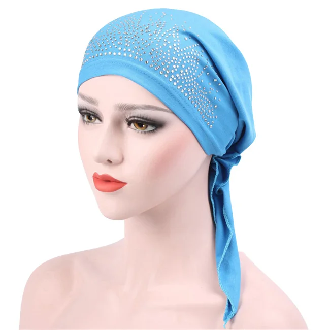 sky blue Мусульманская тюрбан шляпа рак химиотерапия шляпа бини шапка предварительно завязанные Головные Уборы Бандана головная косынка для химиотерапии выпадения волос алопеция - Цвет: sky blue