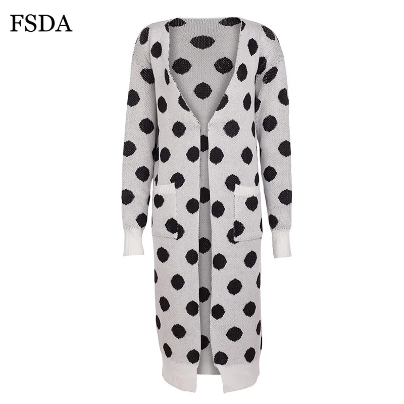 FSDA длинный кардиган в горошек с карманами вязаный свитер куртка на осень и зиму