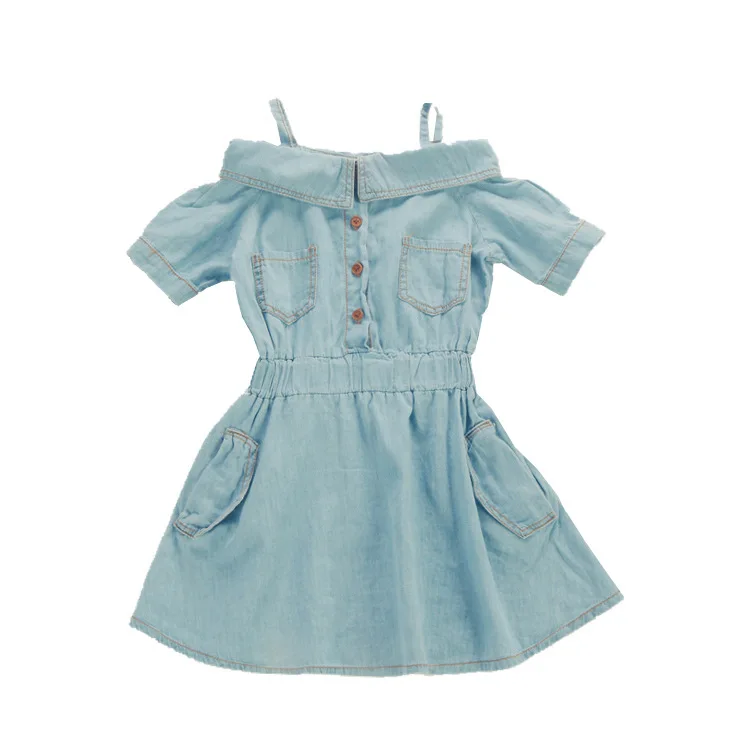 Summer Children Girls Strapless Dress Kids Shoulderless Denim Toddler Cowboy Patchwork Dresses Baby Clothes 2018 New | Детская одежда и