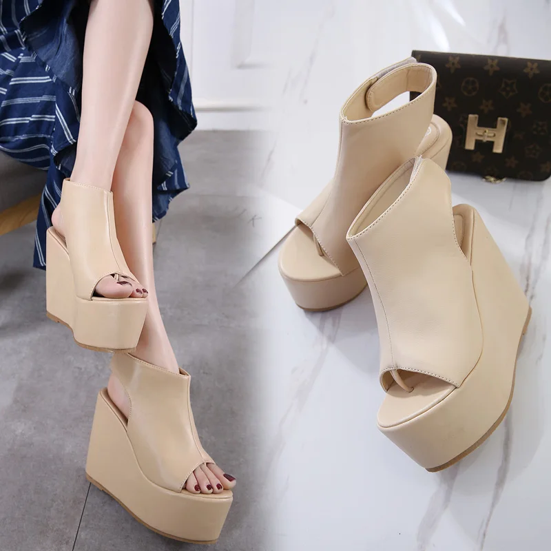 European and American super-heeled clip foot wedge sandals thick-sole non-slip fashion wild comfortable high-heeled | Обувь